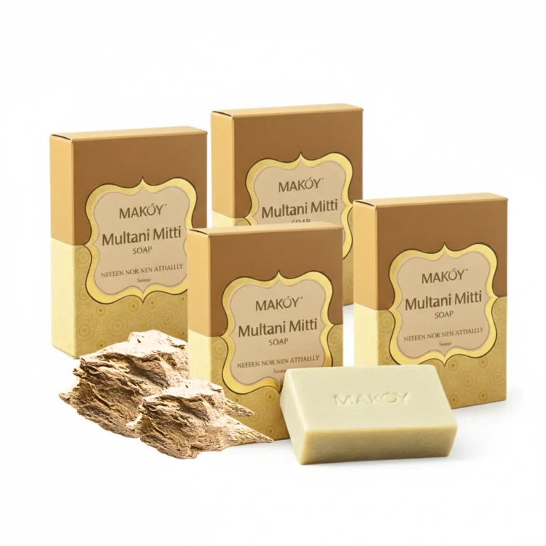 Pack of 4 Makoy Multani Mitti handmade soaps with natural clay chunks