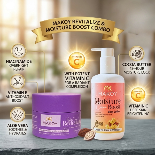 MAKOY combo featuring Revitalizing Night Cream with Niacinamide and Cocoa Body Lotion with Vitamin C.