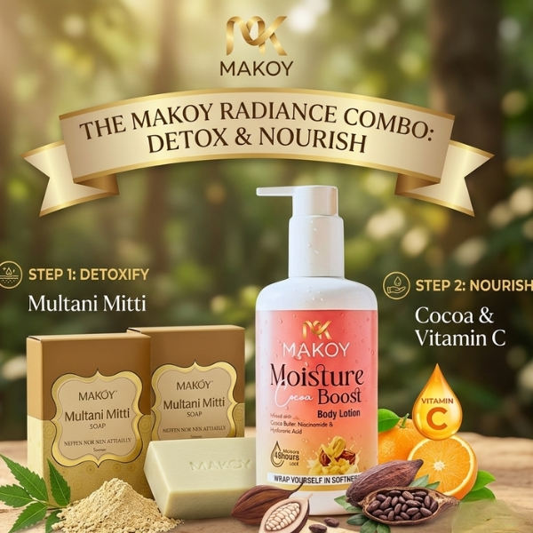MAKOY Skincare Combo featuring Multani Mitti Soap and Cocoa Moisture Boost Body Lotion with Vitamin C for dry skin.