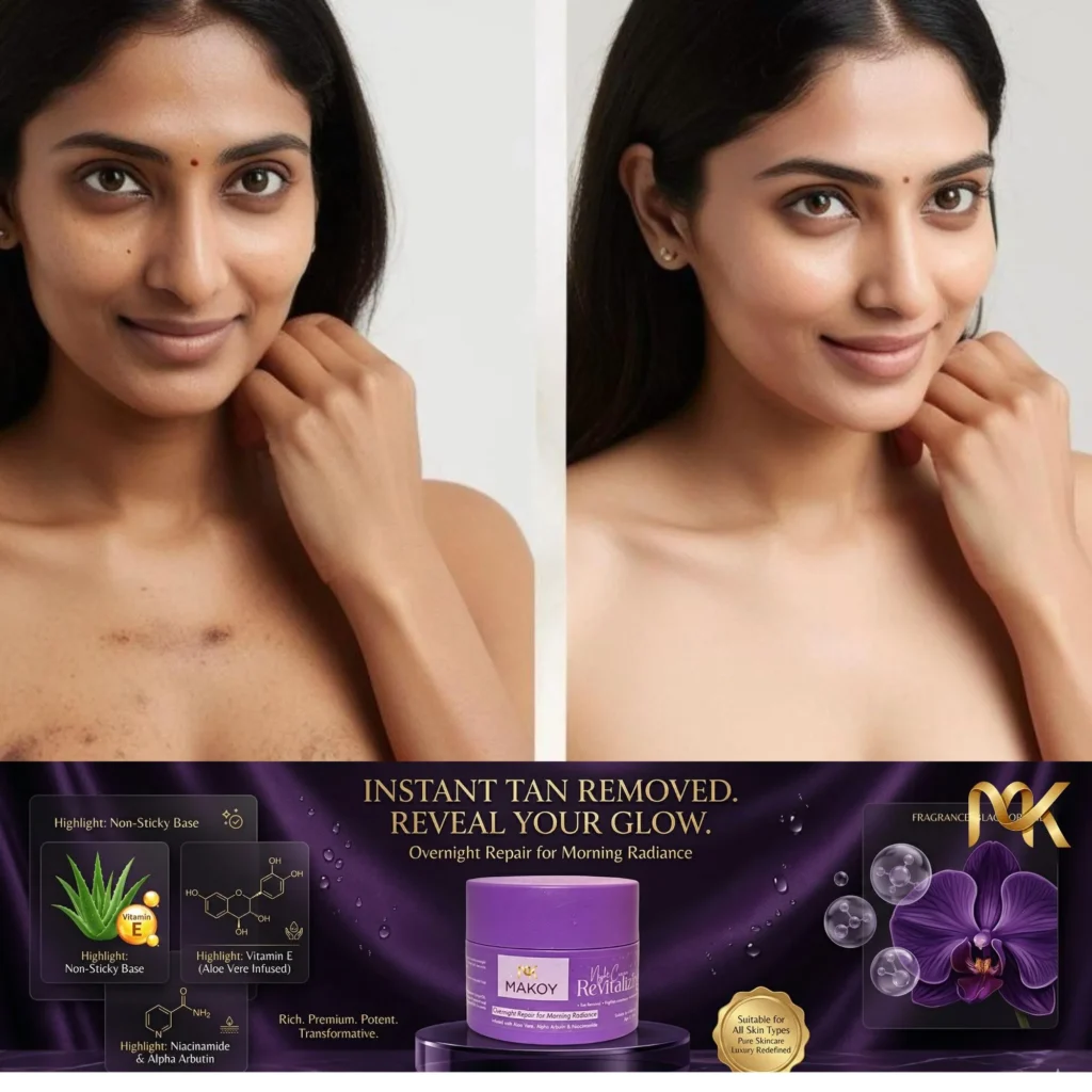 Makoy Night Revitalizing Cream before and after result showing instant tan removal and morning radiance with Niacinamide, Alpha Arbutin, and Vitamin E