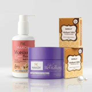MAKOY 30-Day Skincare Combo - Cocoa Moisture Boost body lotion, Skin Renew night cream and two Multani Mitti Tan Removal soaps