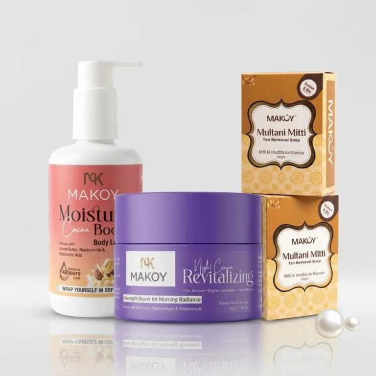 MAKOY 30-Day Skincare Combo - Cocoa Moisture Boost body lotion, Skin Renew night cream and two Multani Mitti Tan Removal soaps