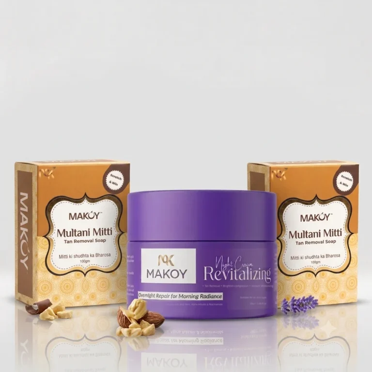 MAKOY Radiance and Repair Combo - two Multani Mitti Tan Removal soaps and the Skin Renew night cream 50g