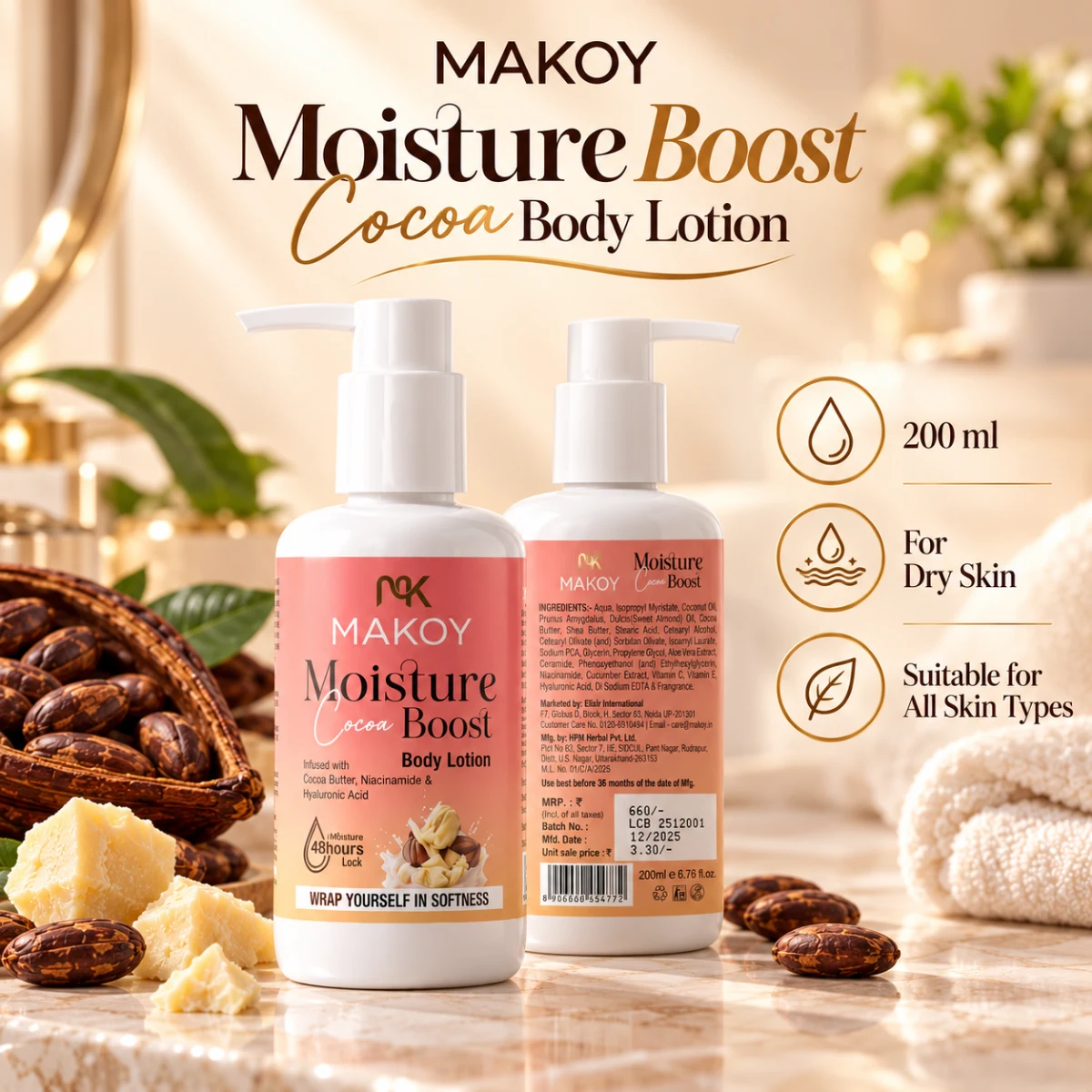 MAKOY Moisture Boost Cocoa Body Lotion 200ml front and back label