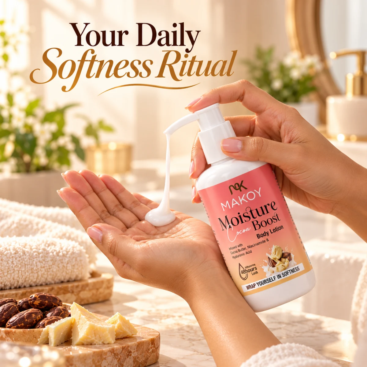Hand pumping MAKOY Moisture Boost Cocoa Body Lotion – daily softness ritual