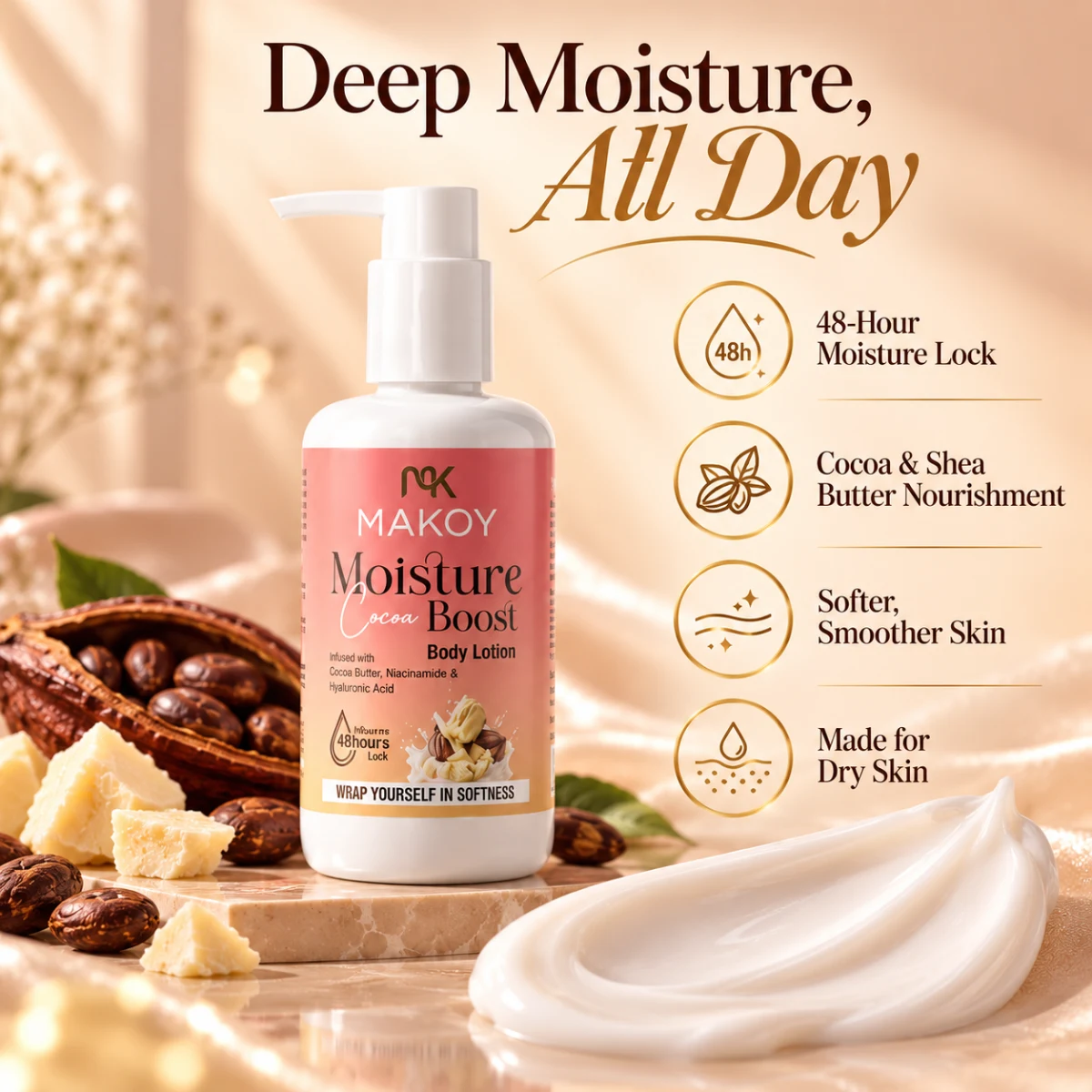 MAKOY body lotion benefits – 48-hour moisture lock, cocoa & shea butter, softer skin, for dry skin