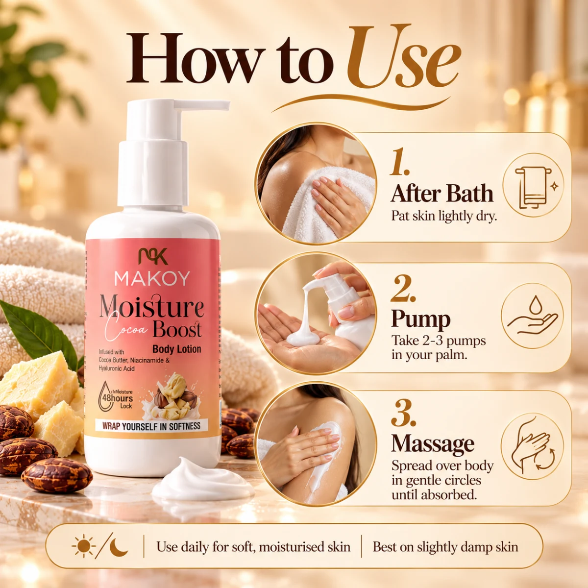 How to use MAKOY body lotion – after bath, pump, massage
