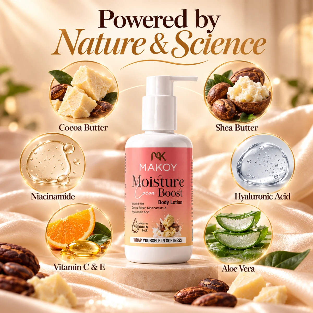 MAKOY body lotion key ingredients – Cocoa Butter, Shea Butter, Niacinamide, Hyaluronic Acid, Vitamin C & E, Aloe Vera