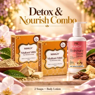 MAKOY Detox & Nourish Combo - 2 Multani Mitti Soaps and Moisture Boost Cocoa Body Lotion