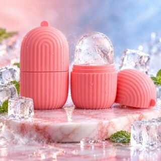 MAKOY Facial Ice Roller - pink silicone ice mould, closed and open with ice dome
