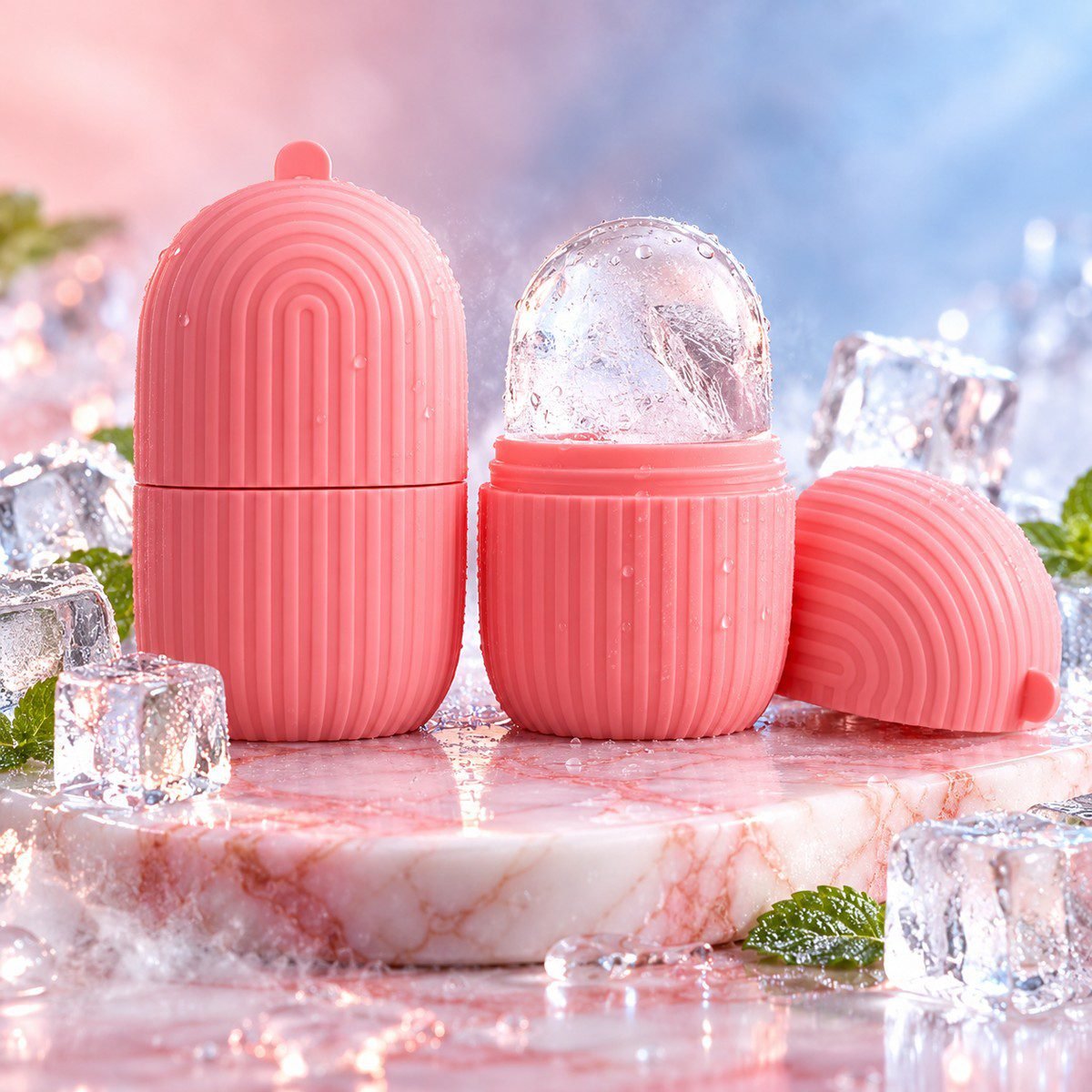 MAKOY Facial Ice Roller - pink silicone ice mould, closed and open with ice dome