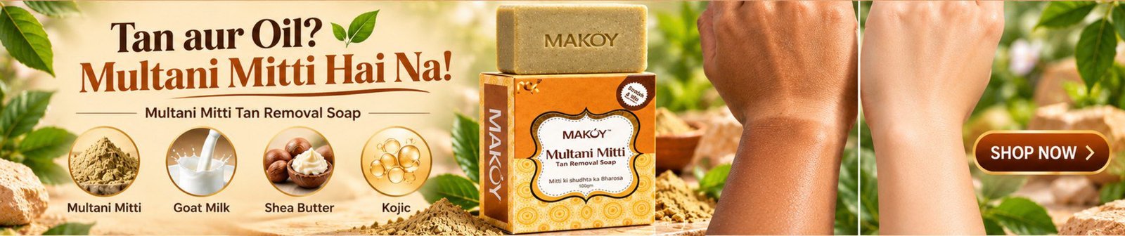 MAKOY Multani Mitti Tan Removal Soap - with Multani Mitti, Goat Milk, Shea Butter and Kojic